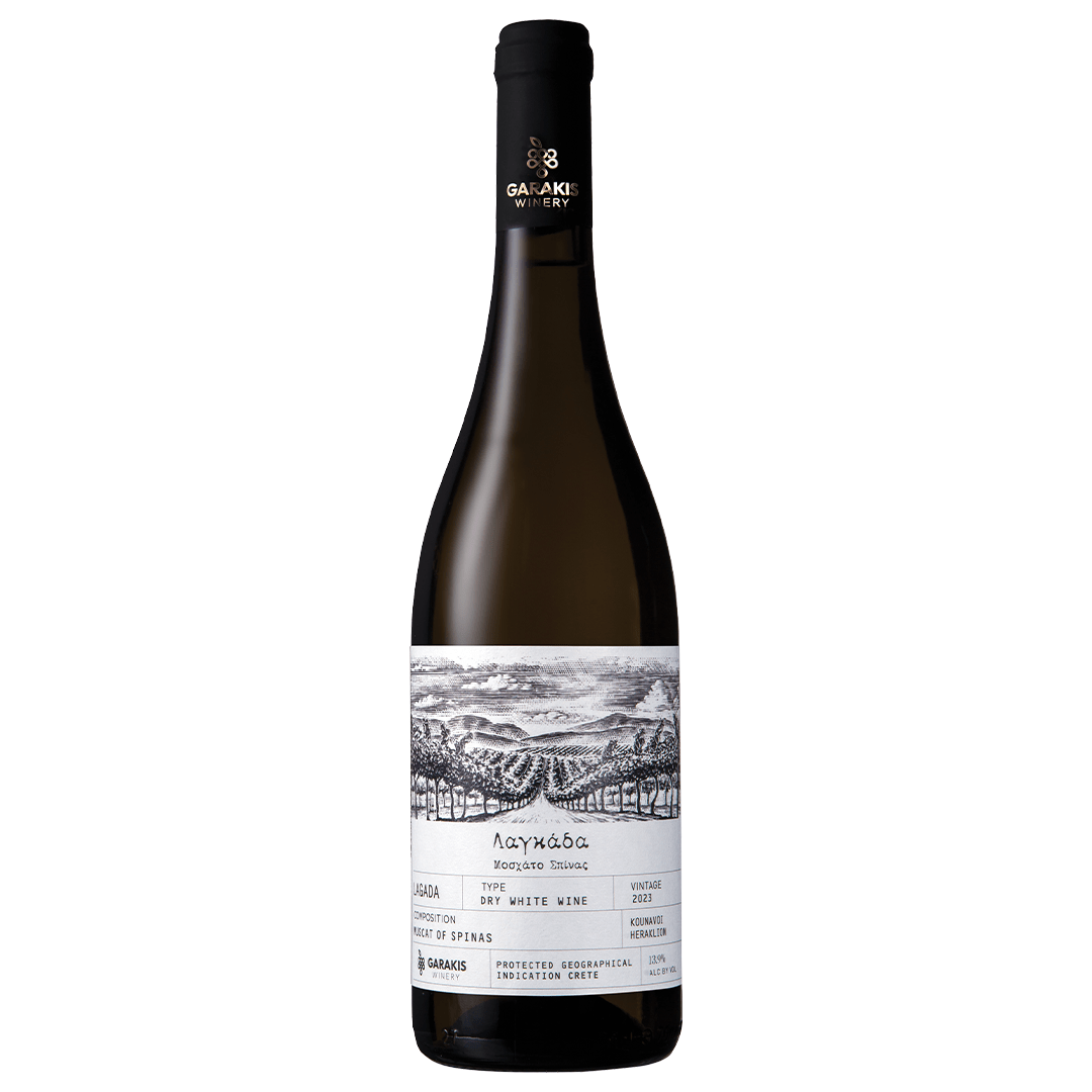 Expressieve Muscat of Spina witte wijn uit Kreta – Garakis Lagada Griekse wijn fles