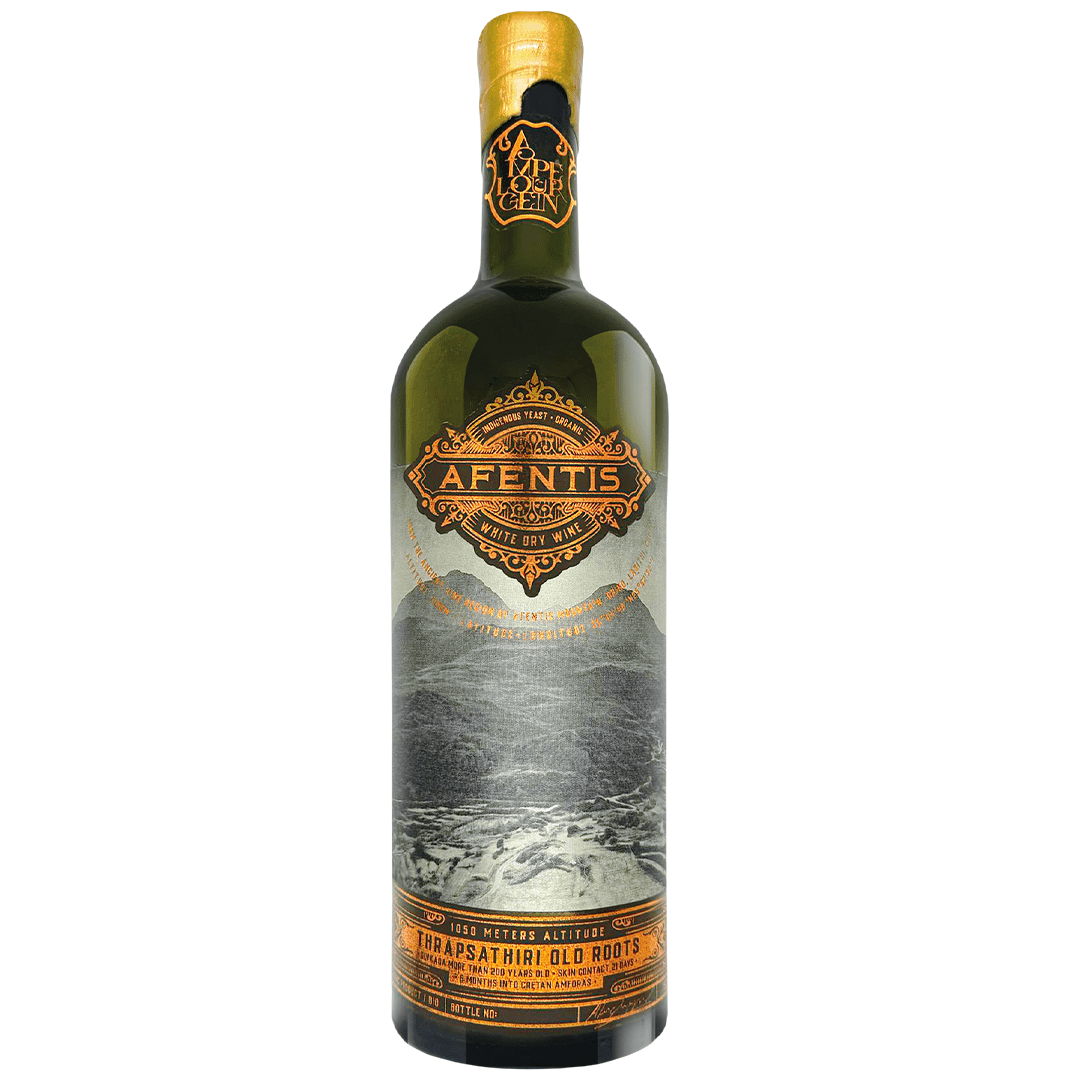 Authentieke Griekse natuurwijn van Thrapsathiri, gemaakt van oude stokken op Kreta. Ampelourgein Afentis fles