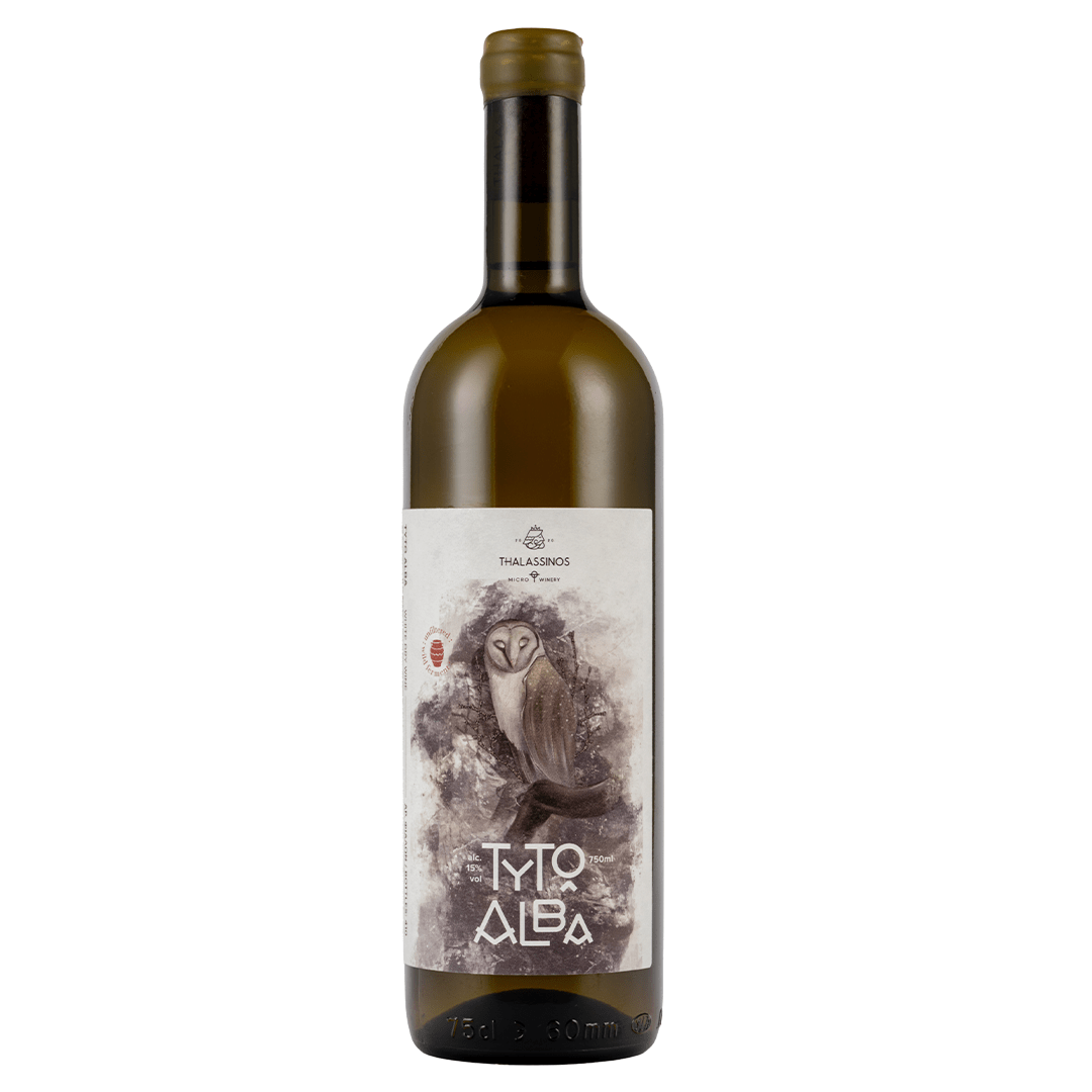 Unieke natuurwijn uit Kreta van Muscat of Spina, vergist in amfora - Thalassinos Tyto Alba fles