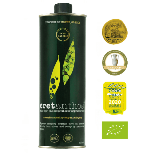 Biologische early harvest olijfolie uit Kreta met hoge polyfenolen, extra vierge van Cretanthos
